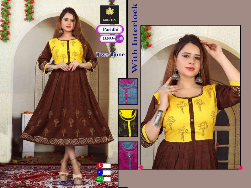 Gold Leaf Paridhi Rayon Fancy Party Wear Frock Style Kurtis