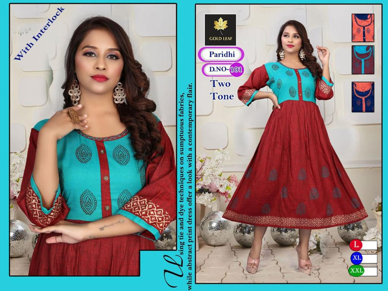 Gold Leaf Paridhi Rayon Fancy Party Wear Frock Style Kurtis