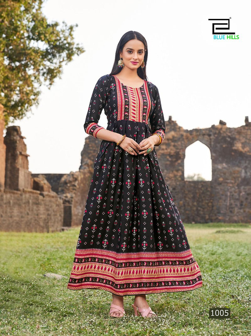 Blue Hills Paris Rayon With Heavy Beautiful Printed Work Stylish Designer Long Gown