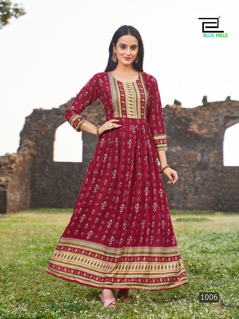 Blue Hills Paris Rayon With Heavy Beautiful Printed Work Stylish Designer Long Gown