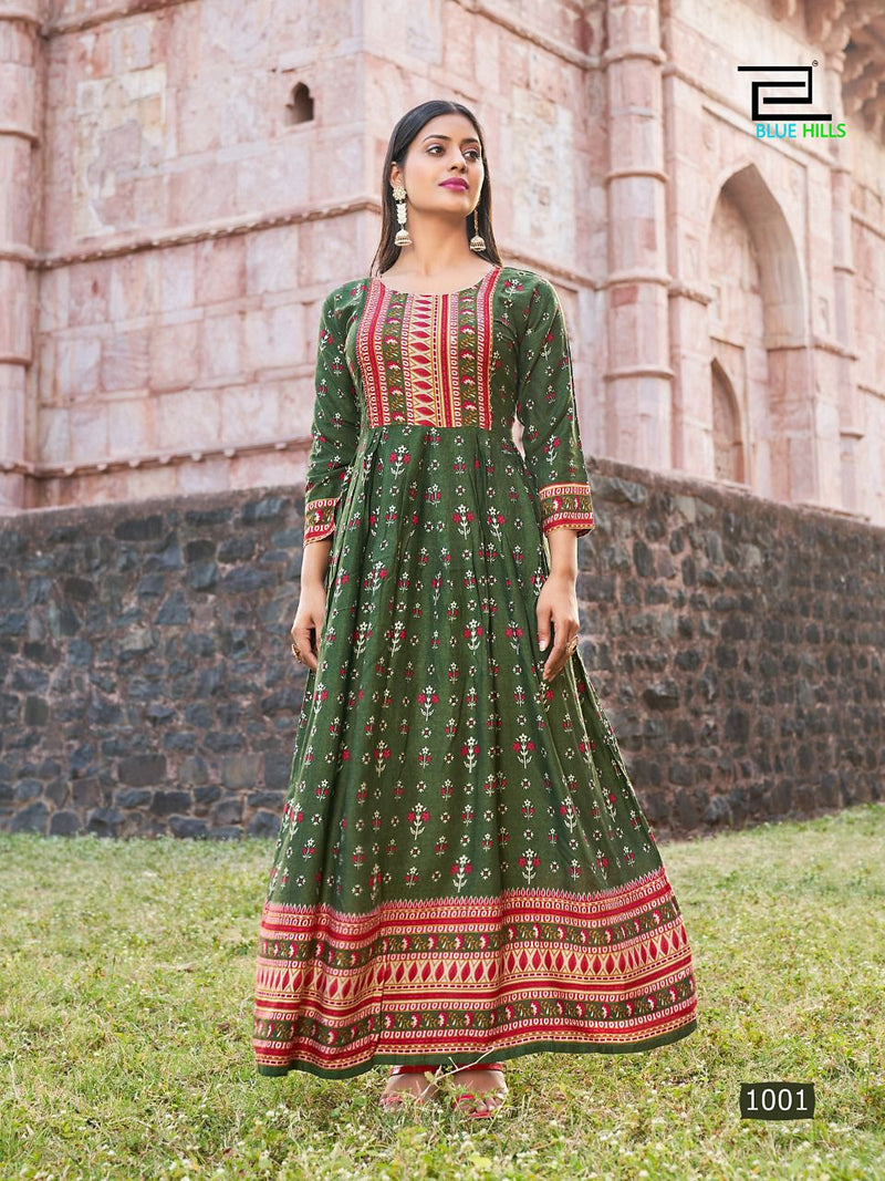 Blue Hills Paris Rayon With Heavy Beautiful Printed Work Stylish Designer Long Gown