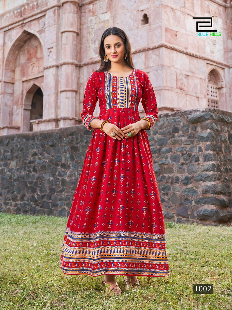 Blue Hills Paris Rayon With Heavy Beautiful Printed Work Stylish Designer Long Gown