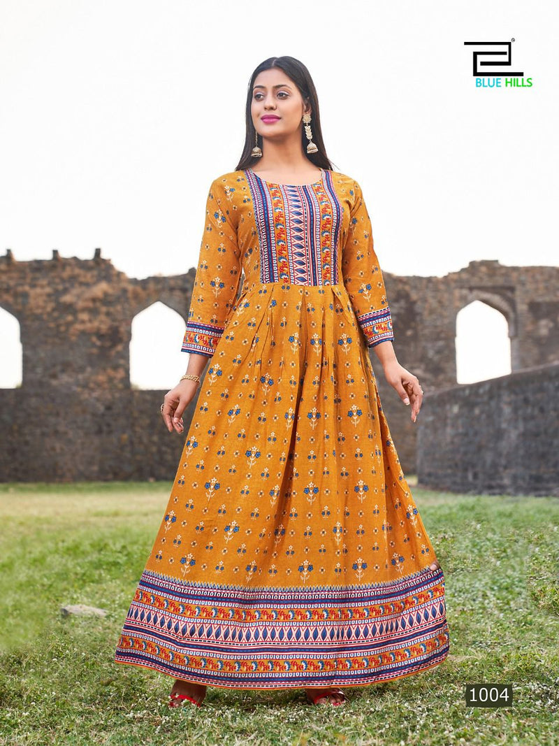 Blue Hills Paris Rayon With Heavy Beautiful Printed Work Stylish Designer Long Gown