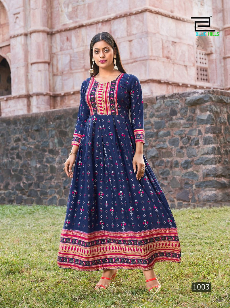 Blue Hills Paris Rayon With Heavy Beautiful Printed Work Stylish Designer Long Gown