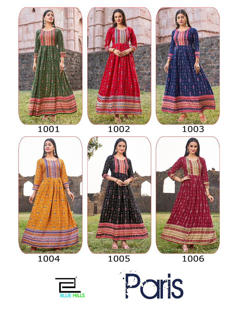 Blue Hills Paris Rayon With Heavy Beautiful Printed Work Stylish Designer Long Gown