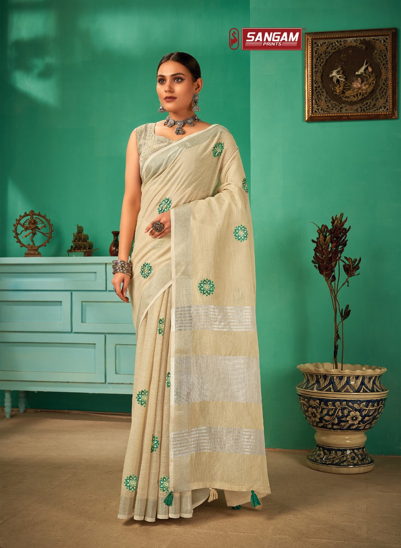 Sangam Print Paro Linen Elegant Stylish Party Wear Beautiful Collection Of Sarees