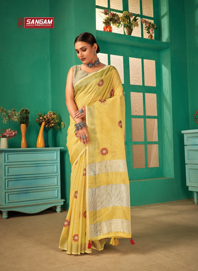 Sangam Print Paro Linen Elegant Stylish Party Wear Beautiful Collection Of Sarees