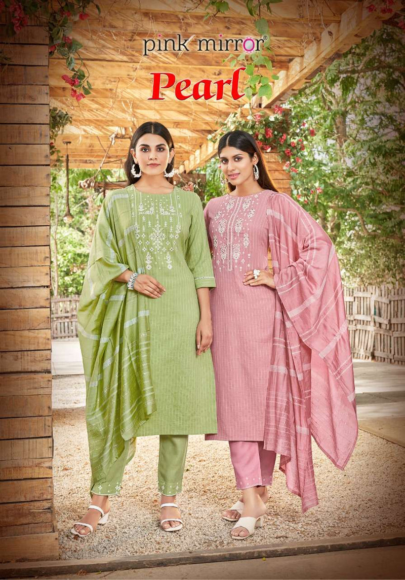 Pink Mirror Pearl Viscose Embroidered Designer Party Wear Kurtis With Bottom & Dupatta
