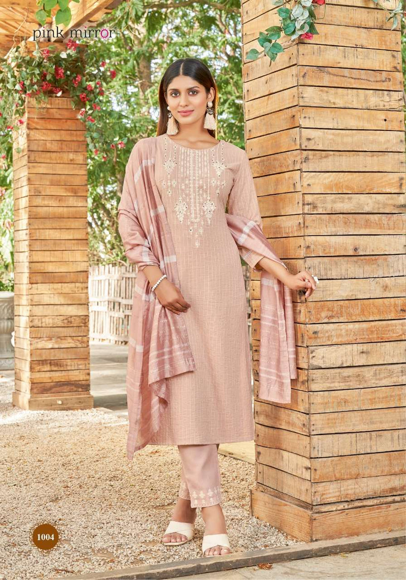 Pink Mirror Pearl Viscose Embroidered Designer Party Wear Kurtis With Bottom & Dupatta