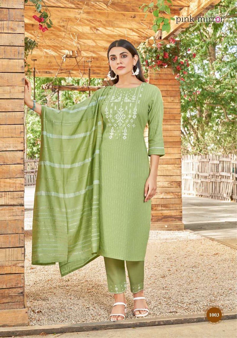 Pink Mirror Pearl Viscose Embroidered Designer Party Wear Kurtis With Bottom & Dupatta