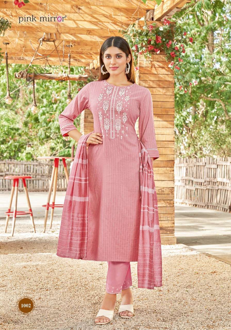 Pink Mirror Pearl Viscose Embroidered Designer Party Wear Kurtis With Bottom & Dupatta