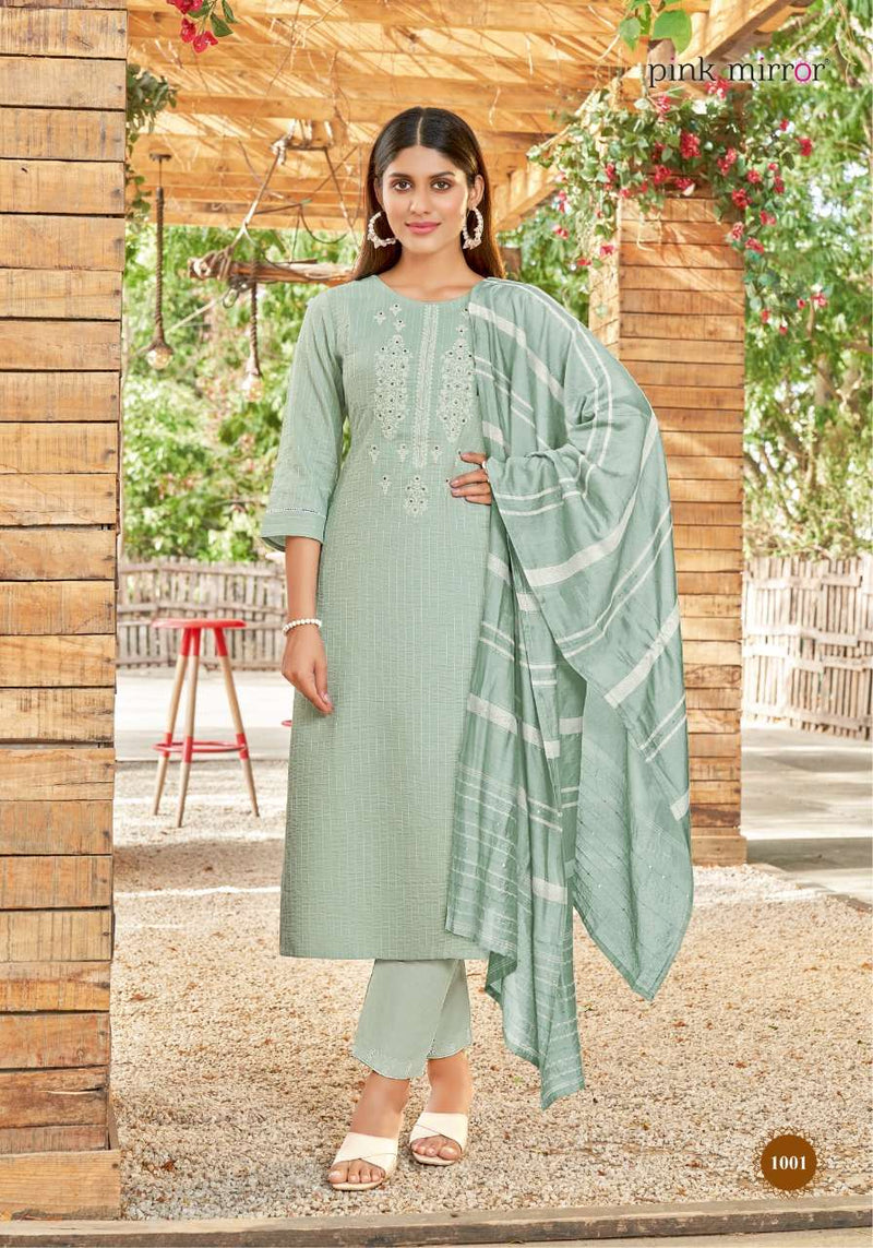 Pink Mirror Pearl Viscose Embroidered Designer Party Wear Kurtis With Bottom & Dupatta