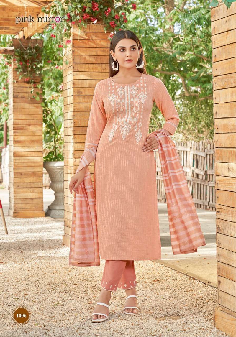 Pink Mirror Pearl Viscose Embroidered Designer Party Wear Kurtis With Bottom & Dupatta