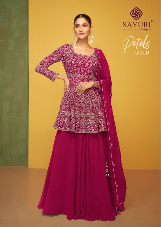 Sayuri Designer Petals Gold Georgette Heavy Embroidery Fancy Designer Partywear Kurti