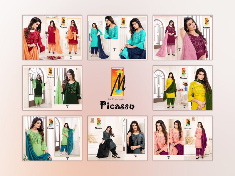 Master Picasso Rayon With Mirror Work Koti Style Ready Made Party Wear Kurtis With Bottom & Dupatta Set