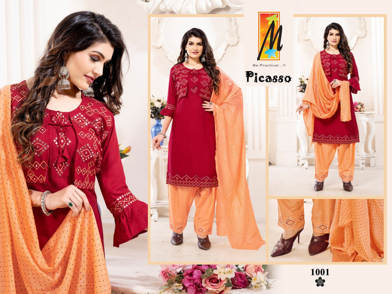 Master Picasso Rayon With Mirror Work Koti Style Ready Made Party Wear Kurtis With Bottom & Dupatta Set