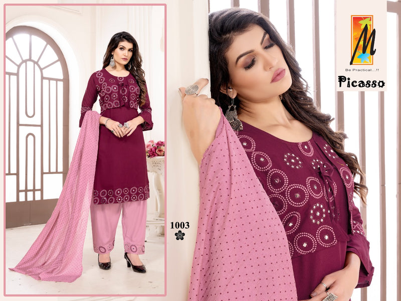 Master Picasso Rayon With Mirror Work Koti Style Ready Made Party Wear Kurtis With Bottom & Dupatta Set