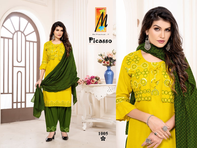 Master Picasso Rayon With Mirror Work Koti Style Ready Made Party Wear Kurtis With Bottom & Dupatta Set