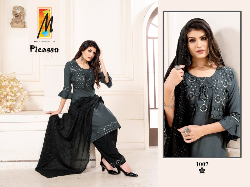 Master Picasso Rayon With Mirror Work Koti Style Ready Made Party Wear Kurtis With Bottom & Dupatta Set