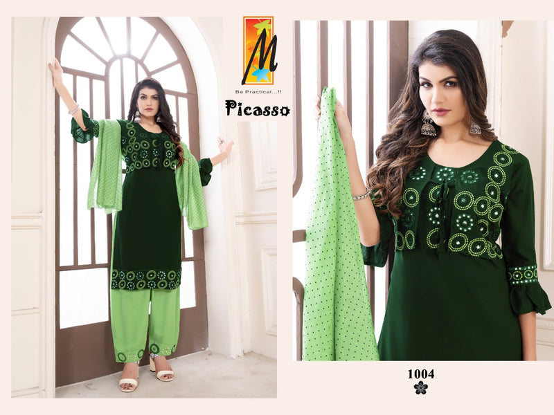 Master Picasso Rayon With Mirror Work Koti Style Ready Made Party Wear Kurtis With Bottom & Dupatta Set