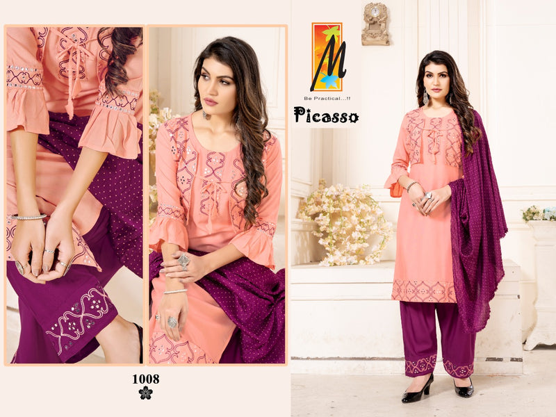 Master Picasso Rayon With Mirror Work Koti Style Ready Made Party Wear Kurtis With Bottom & Dupatta Set