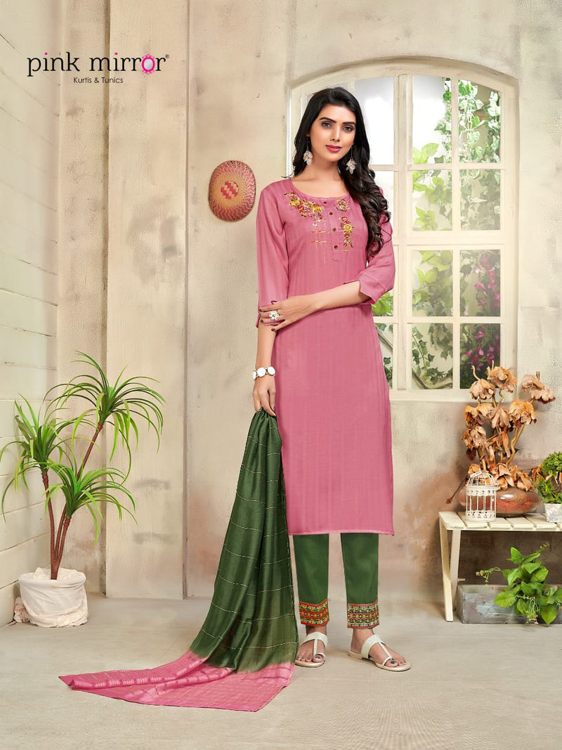 Pink Mirror Fragrance  Viscose Festive Wear Kurtis With Bottom & Dupatta