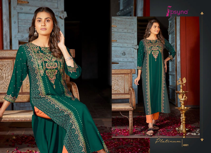 Psyna Platinum Vol 4 Rayon With Gold Print Straight Festive Wear Fancy Kurtis