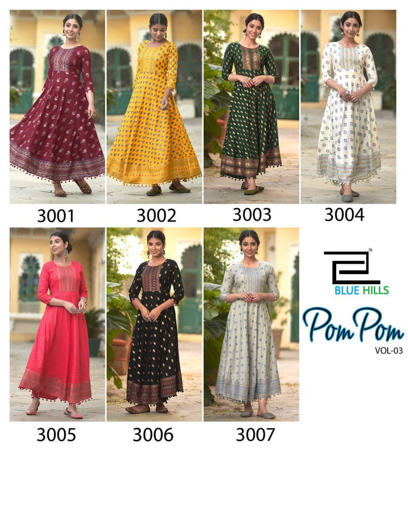 Blue Hills Pom Pom Vol 3 Rayon Fancy Gown Style Party Wear Long Kurtis