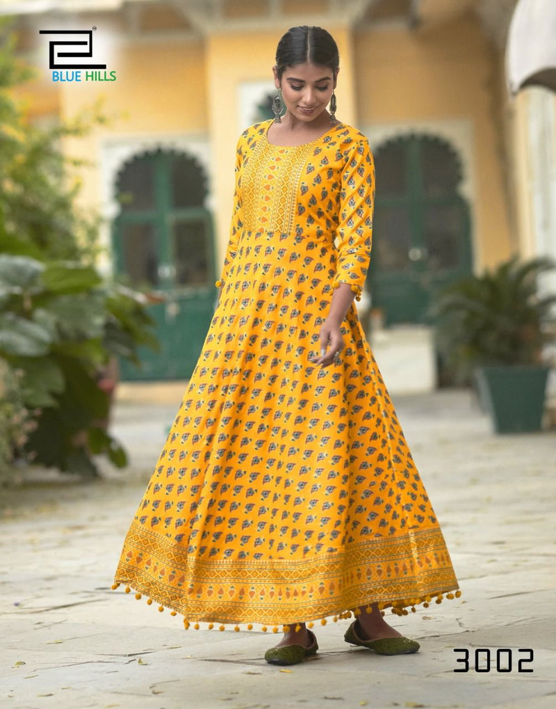 Blue Hills Pom Pom Vol 3 Rayon Fancy Gown Style Party Wear Long Kurtis