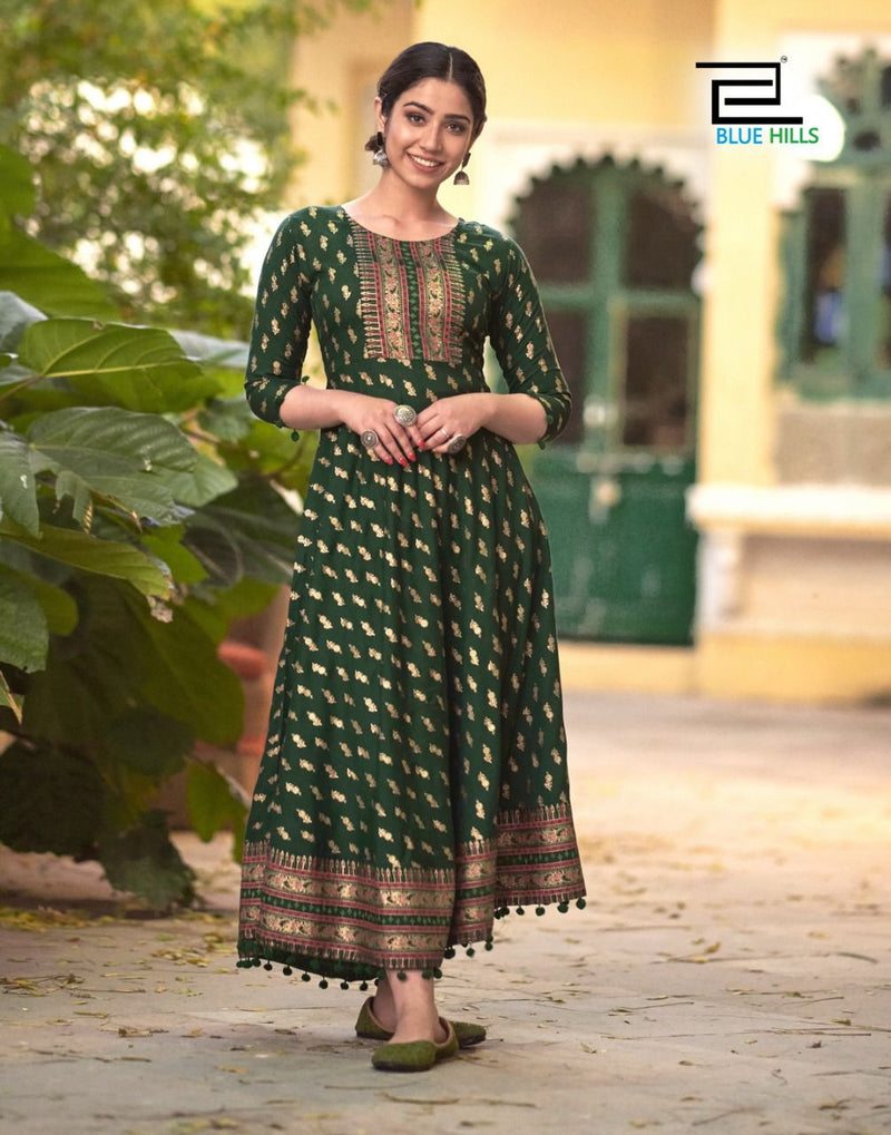 Blue Hills Pom Pom Vol 3 Rayon Fancy Gown Style Party Wear Long Kurtis