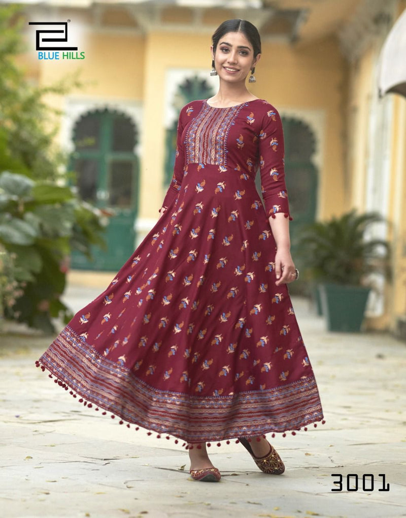 Blue Hills Pom Pom Vol 3 Rayon Fancy Gown Style Party Wear Long Kurtis