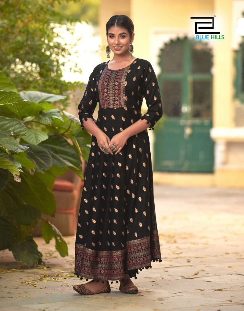 Blue Hills Pom Pom Vol 3 Rayon Fancy Gown Style Party Wear Long Kurtis