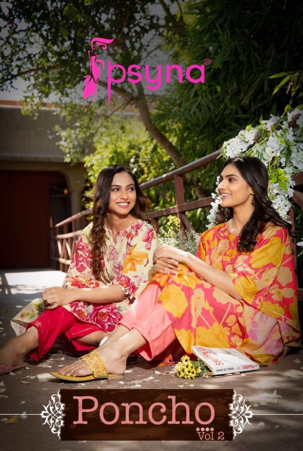 Psyna Poncho Vol 2 Muslin Digital Printed Fancy Party Wear Kaftan Kurtis With Pants
