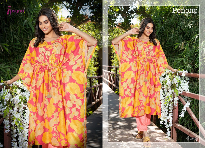 Psyna Poncho Vol 2 Muslin Digital Printed Fancy Party Wear Kaftan Kurtis With Pants