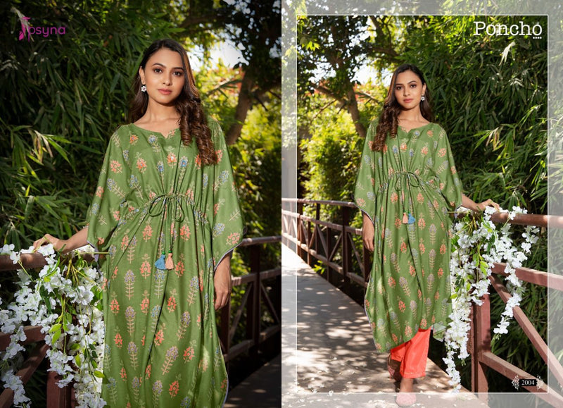 Psyna Poncho Vol 2 Muslin Digital Printed Fancy Party Wear Kaftan Kurtis With Pants