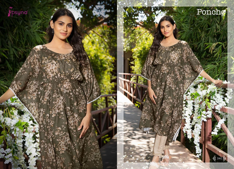 Psyna Poncho Vol 2 Muslin Digital Printed Fancy Party Wear Kaftan Kurtis With Pants