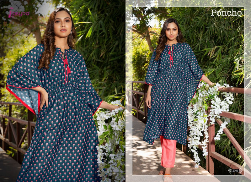 Psyna Poncho Vol 2 Muslin Digital Printed Fancy Party Wear Kaftan Kurtis With Pants