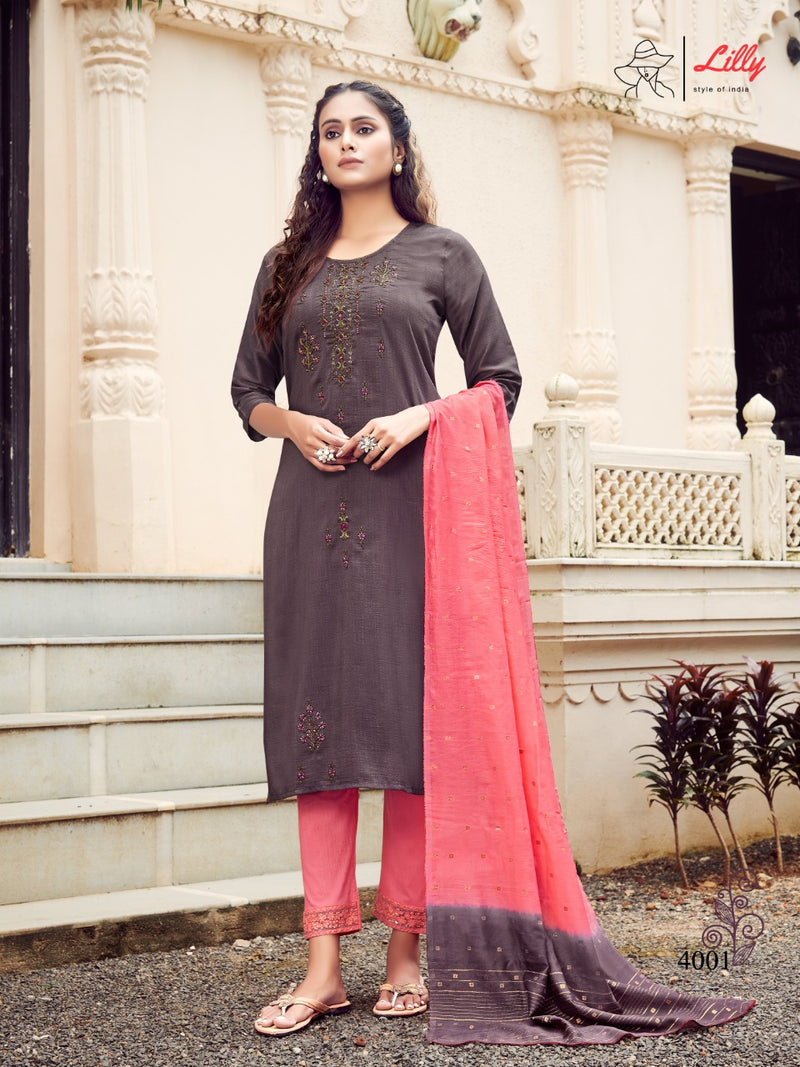 Lily Style Of India Poonam Chinon Slub Fancy Party Wear Kurtis With Set Of Bottom & Dupatta