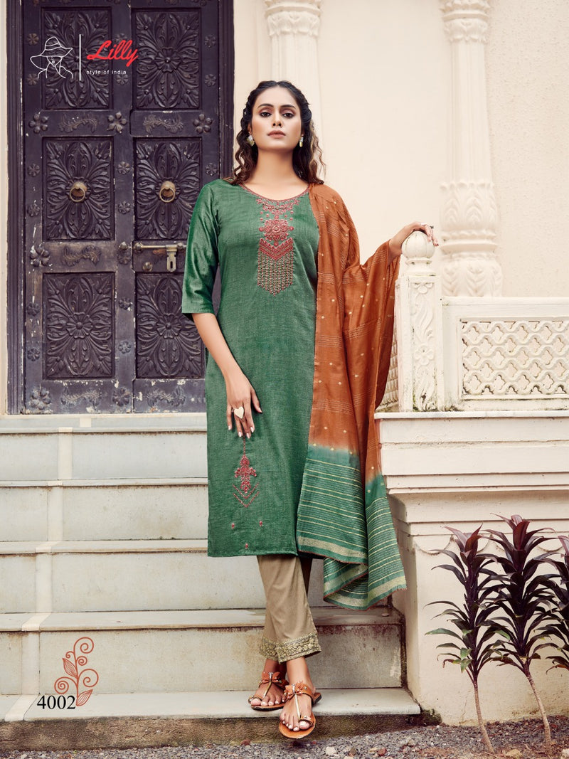 Lily Style Of India Poonam Chinon Slub Fancy Party Wear Kurtis With Set Of Bottom & Dupatta