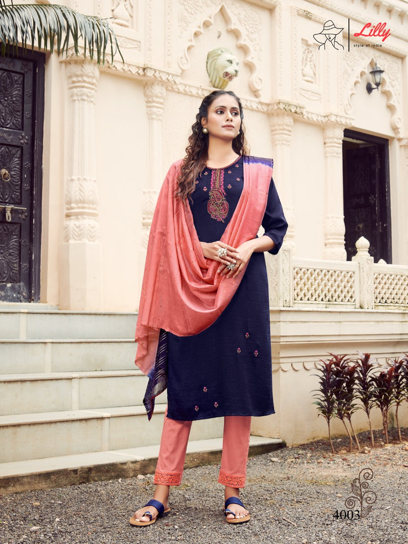 Lily Style Of India Poonam Chinon Slub Fancy Party Wear Kurtis With Set Of Bottom & Dupatta
