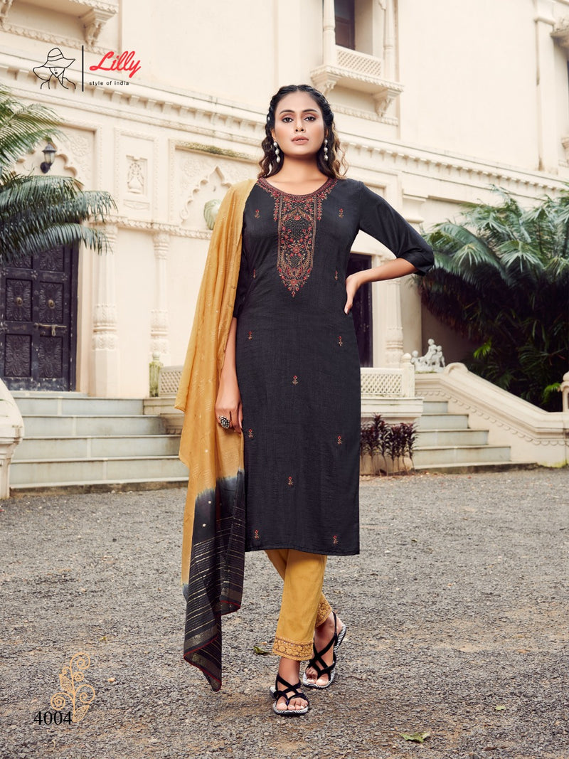 Lily Style Of India Poonam Chinon Slub Fancy Party Wear Kurtis With Set Of Bottom & Dupatta