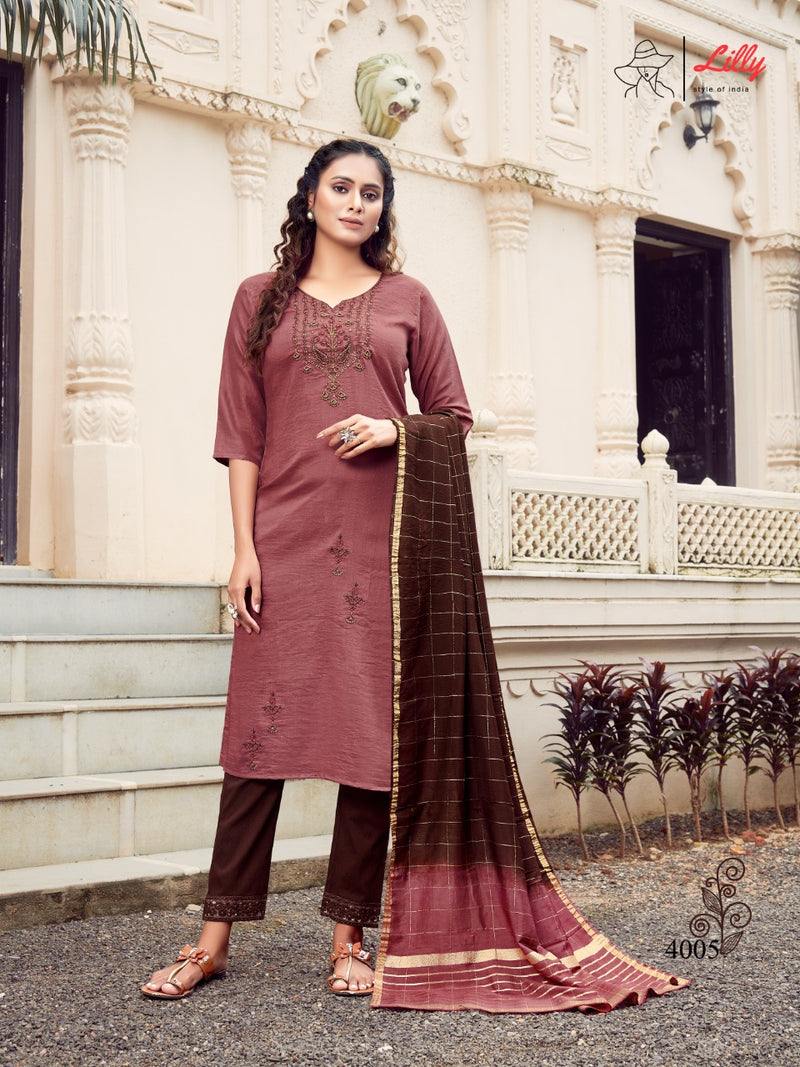 Lily Style Of India Poonam Chinon Slub Fancy Party Wear Kurtis With Set Of Bottom & Dupatta