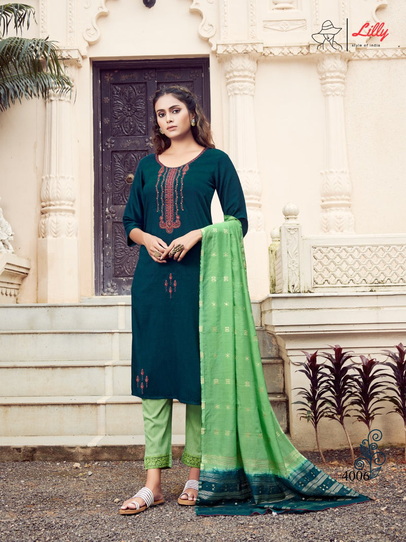 Lily Style Of India Poonam Chinon Slub Fancy Party Wear Kurtis With Set Of Bottom & Dupatta
