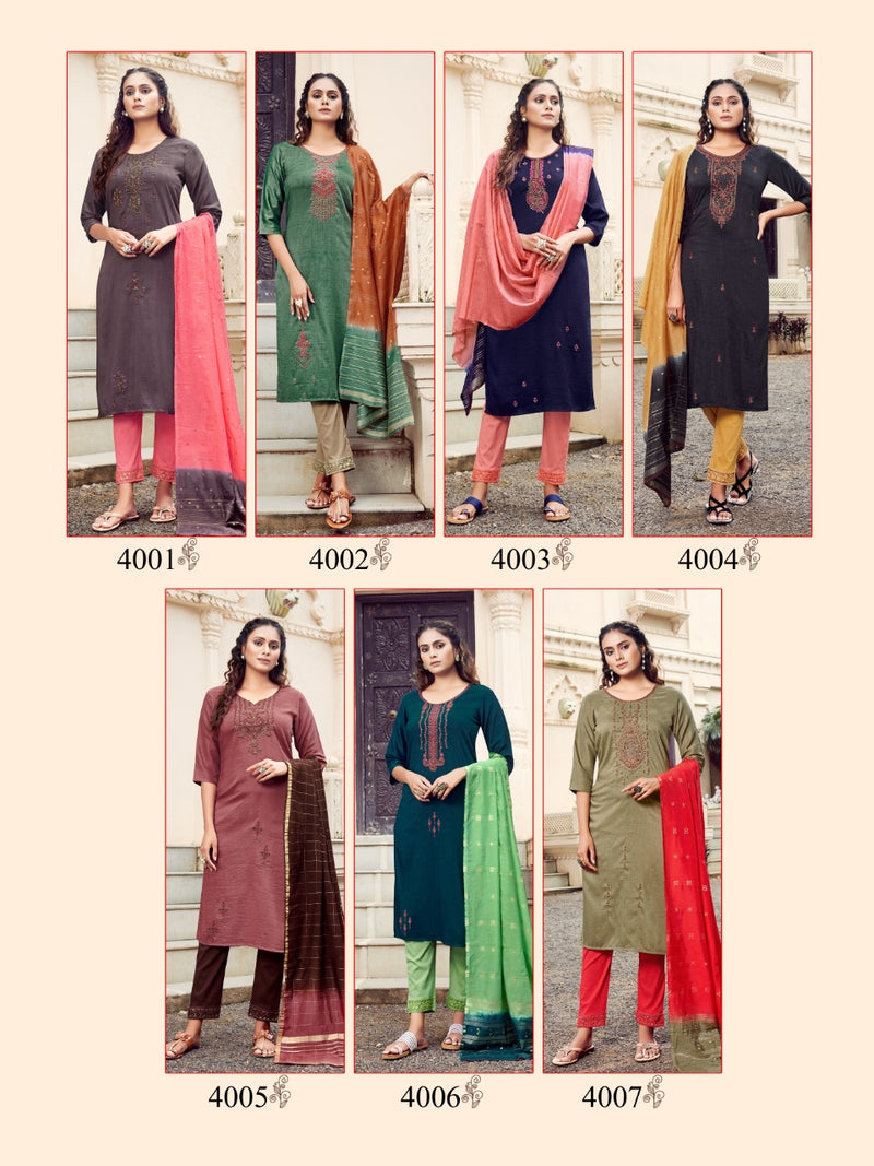 Lily Style Of India Poonam Chinon Slub Fancy Party Wear Kurtis With Set Of Bottom & Dupatta