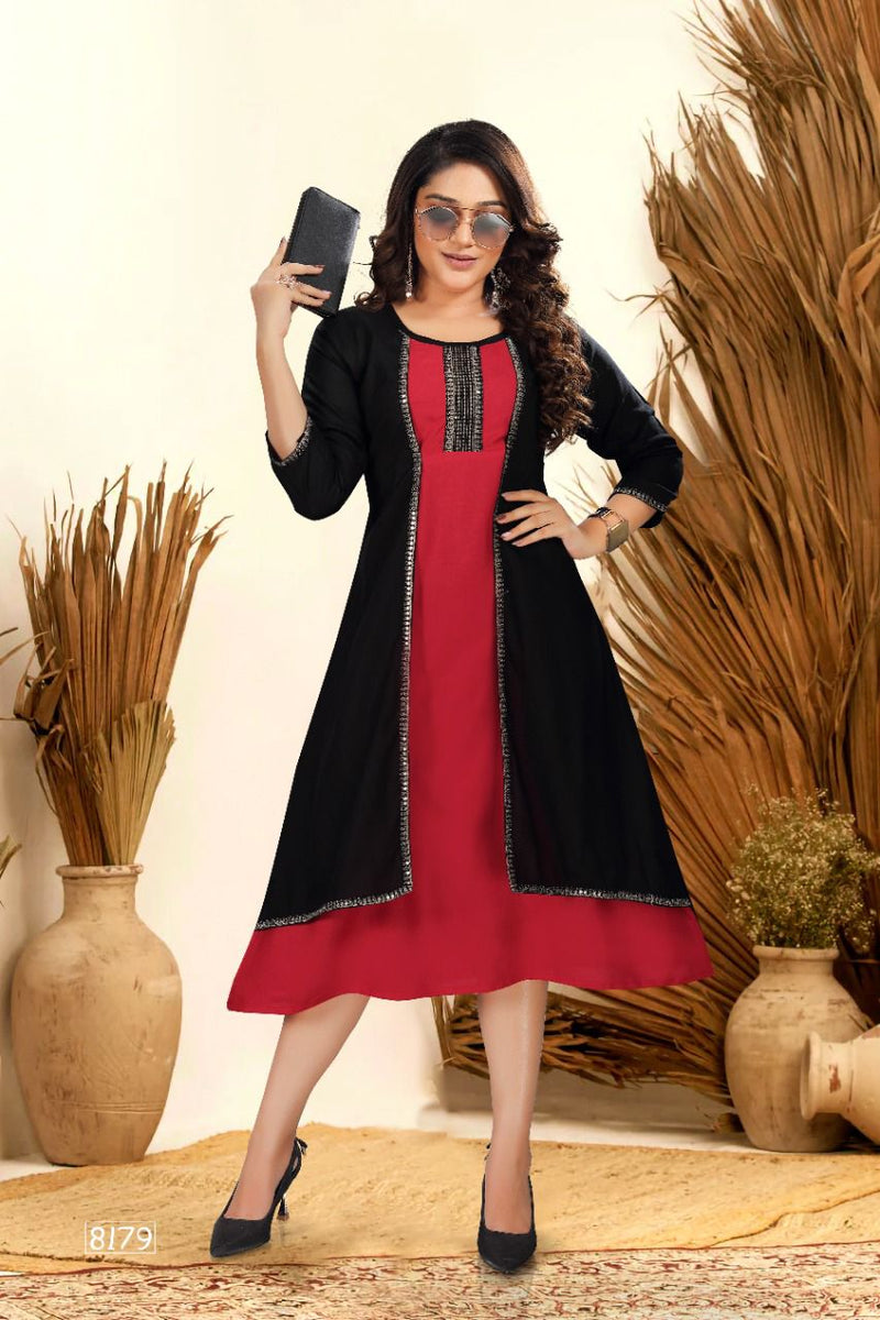 Golden Poonam Vol 1 Rayon Fancy Jacket Style Designer Party Wear Kurtis