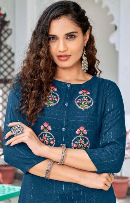 Anju Fabrics Popular Vol 1 Cotton Lurex Fancy Stylish Party Wear Kurtis With Bottom