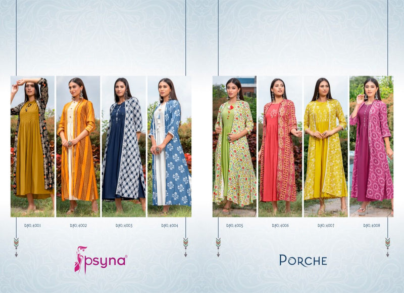 Psyna Porche Vol 4 Rayon Fancy Stylish Party Wear Kurtis With Shrug