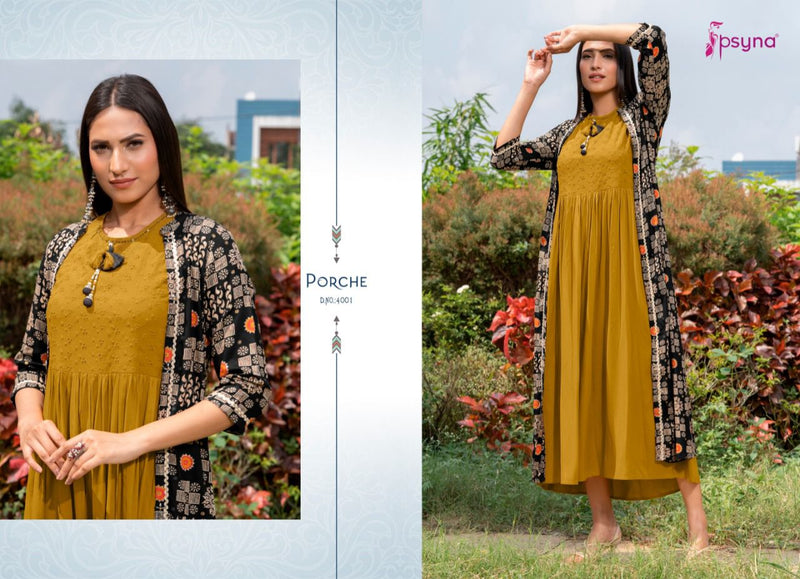 Psyna Porche Vol 4 Rayon Fancy Stylish Party Wear Kurtis With Shrug