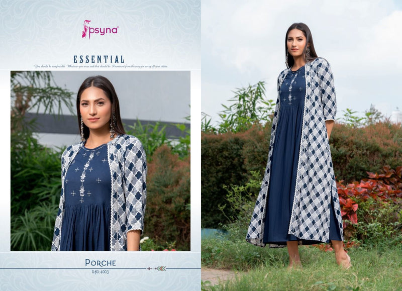 Psyna Porche Vol 4 Rayon Fancy Stylish Party Wear Kurtis With Shrug