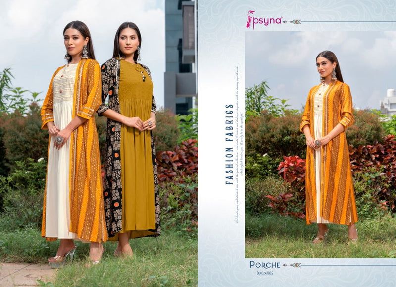 Psyna Porche Vol 4 Rayon Fancy Stylish Party Wear Kurtis With Shrug